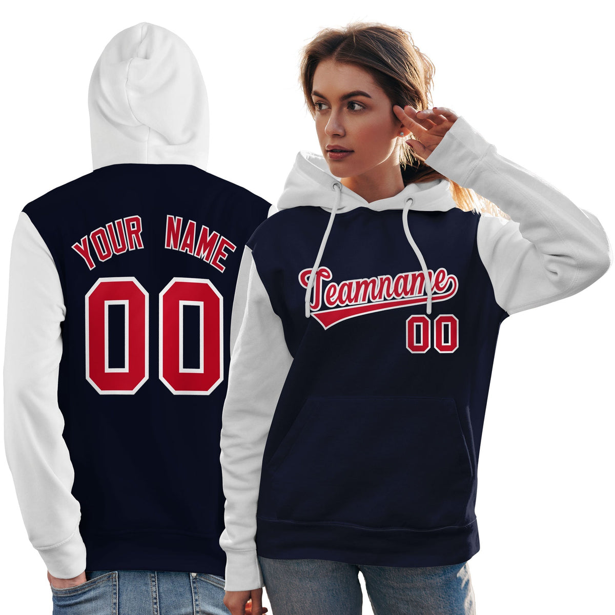 Custom Navy Red-White Raglan Sleeves Pullover Personalized Team Sweatshirt Hoodie| KXKSHOP