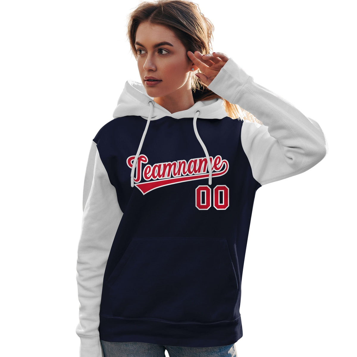 Custom Navy Red-White Raglan Sleeves Pullover Personalized Team Sweatshirt Hoodie| KXKSHOP