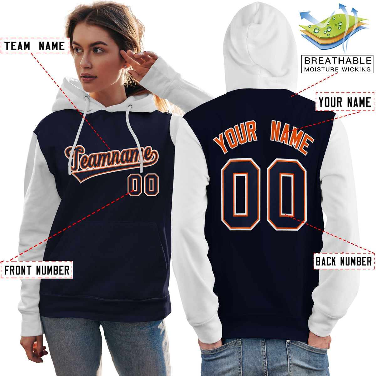 Custom Navy Orange-White Raglan Sleeves Pullover Personalized Team Sweatshirt Hoodie| KXKSHOP