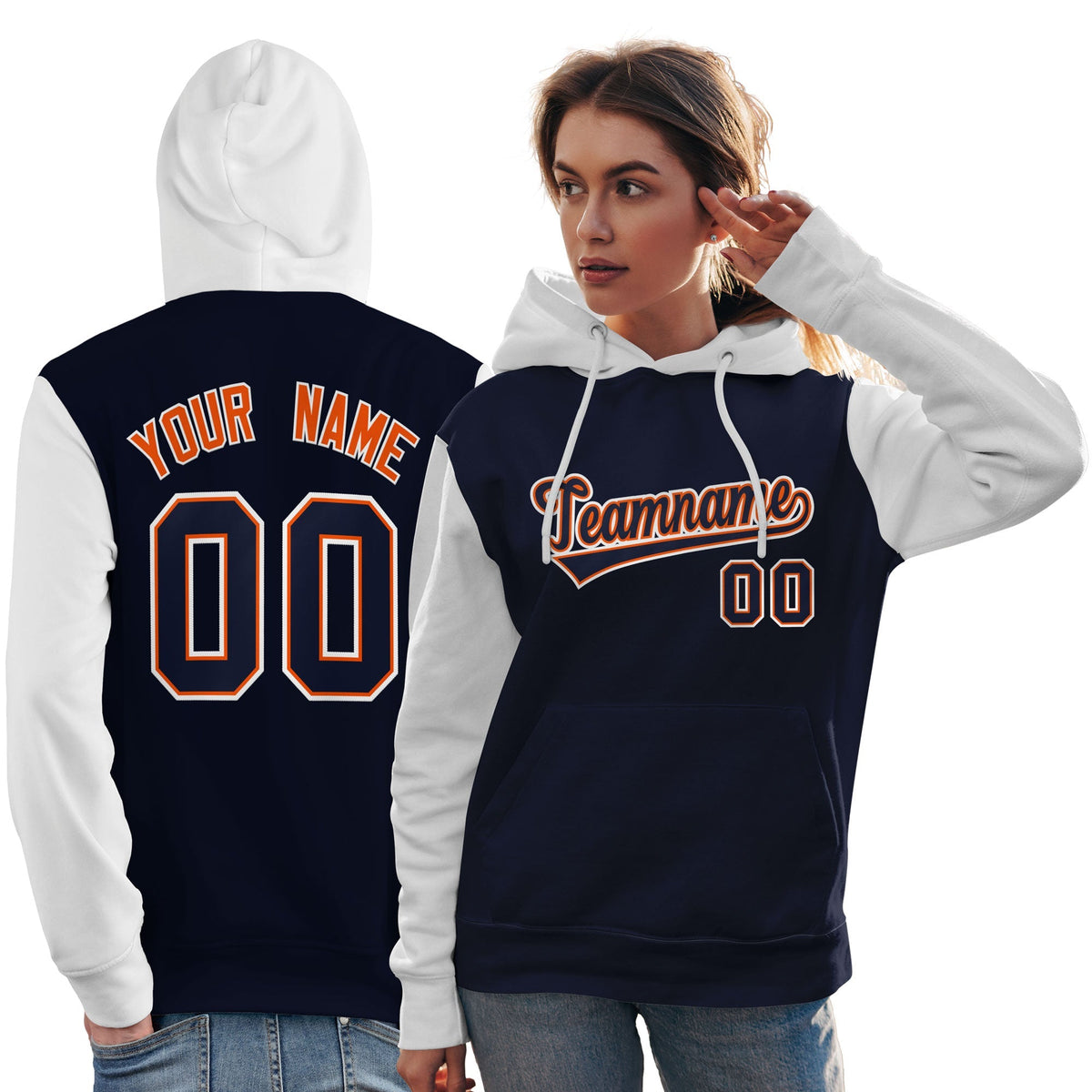 Custom Navy Orange-White Raglan Sleeves Pullover Personalized Team Sweatshirt Hoodie| KXKSHOP