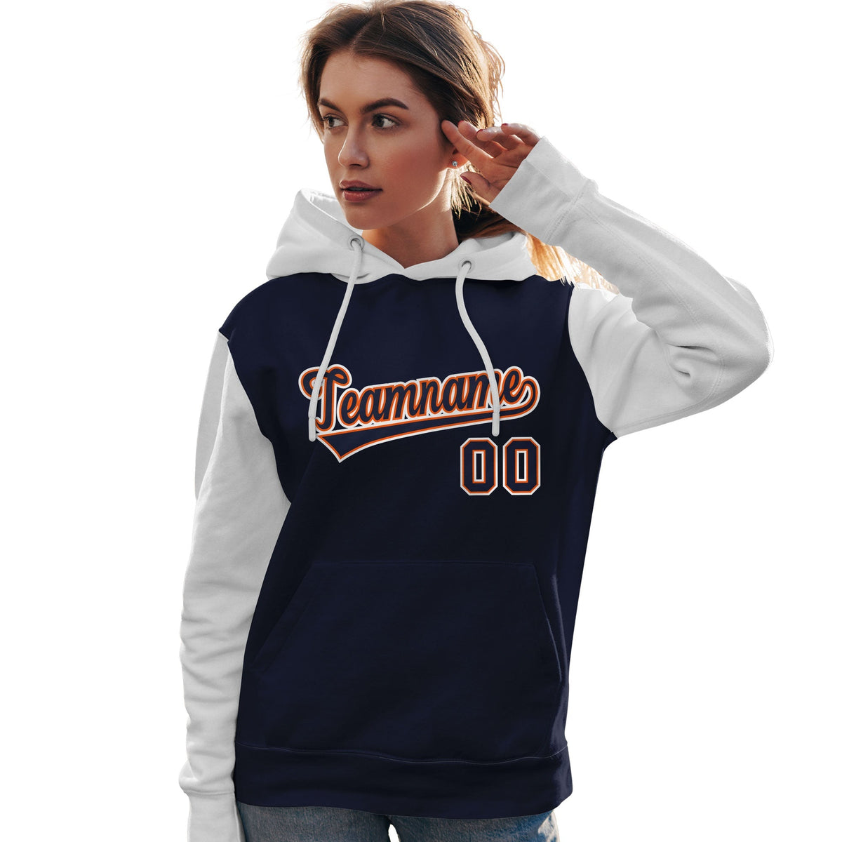 Custom Navy Orange-White Raglan Sleeves Pullover Personalized Team Sweatshirt Hoodie| KXKSHOP