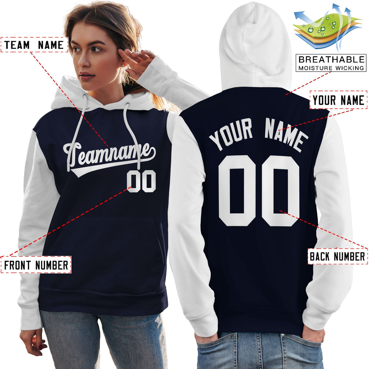 Custom Navy White Raglan Sleeves Pullover Personalized Team Sweatshirt Hoodie| KXKSHOP