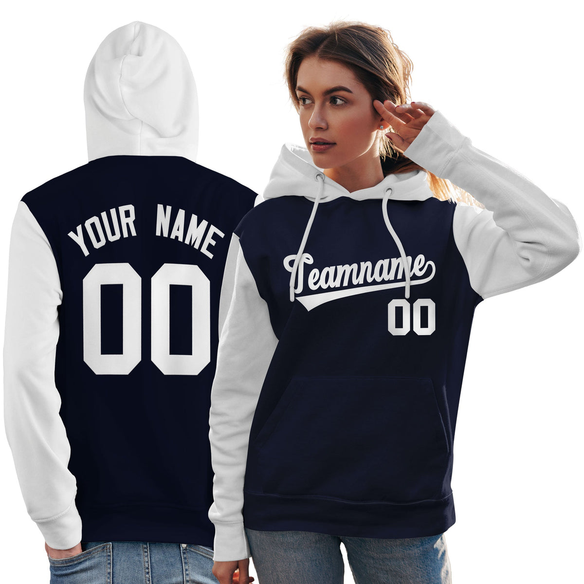 Custom Navy White Raglan Sleeves Pullover Personalized Team Sweatshirt Hoodie| KXKSHOP