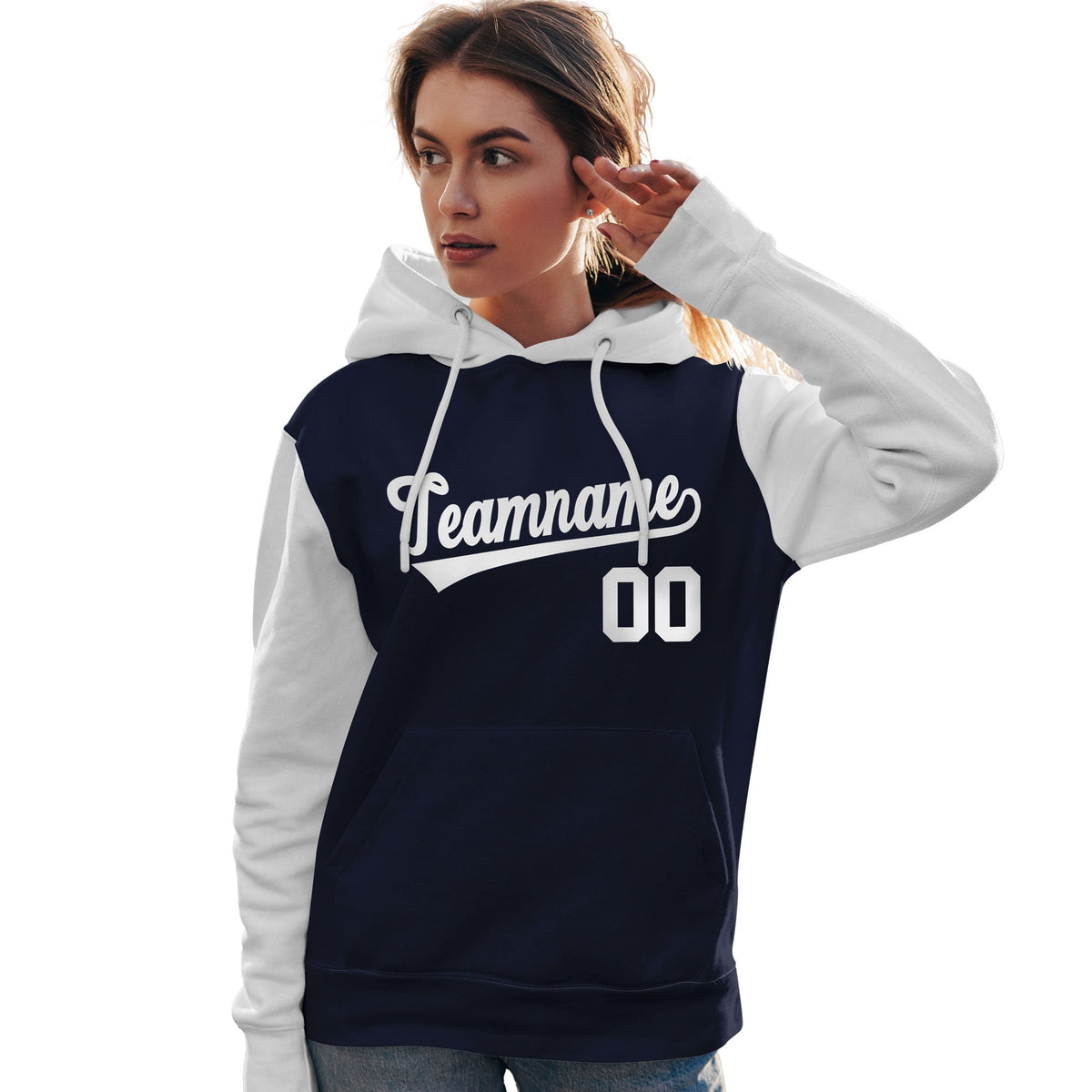 Custom Navy White Raglan Sleeves Pullover Personalized Team Sweatshirt Hoodie| KXKSHOP