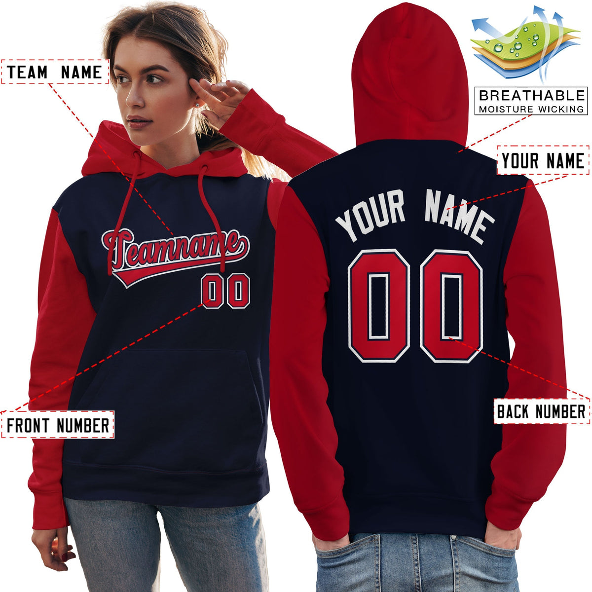 Custom Navy Red-White Raglan Sleeves Pullover Personalized Team Sweatshirt Hoodie| KXKSHOP