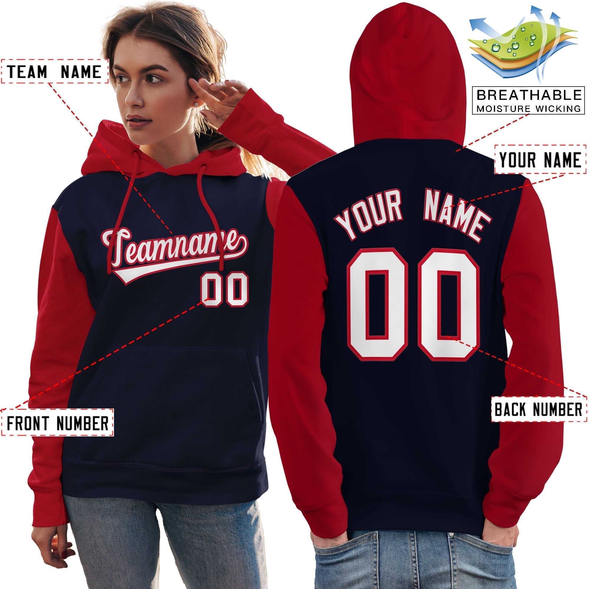 Custom Navy White-Red Raglan Sleeves Pullover Personalized Team Sweatshirt Hoodie| KXKSHOP