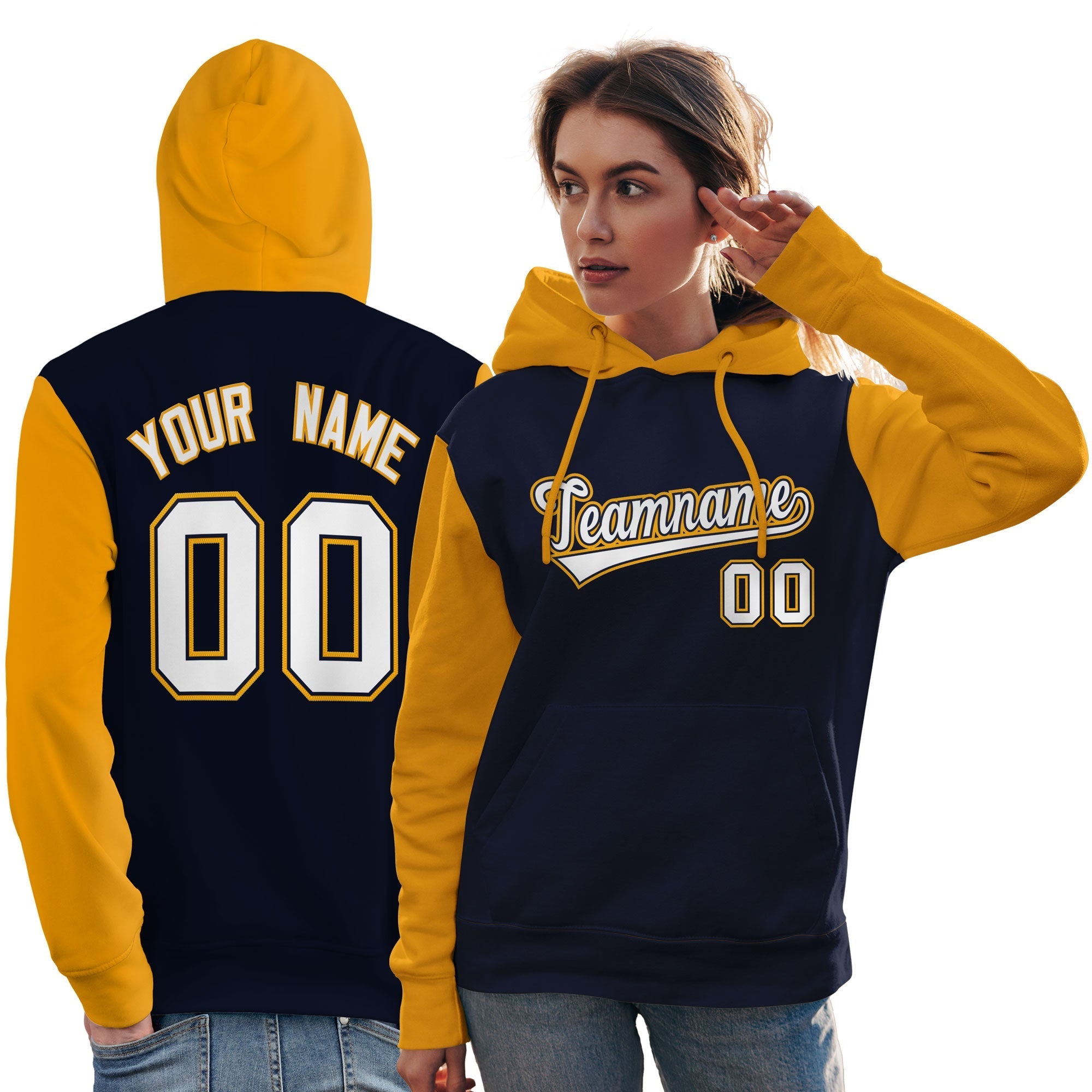 Custom Navy White-Gold Raglan Sleeves Pullover Personalized Team Sweatshirt Hoodie| KXKSHOP