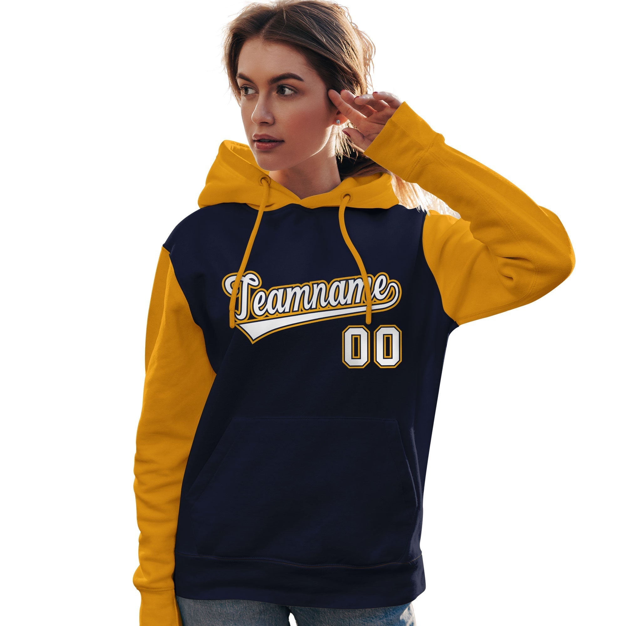 Custom Navy White-Gold Raglan Sleeves Pullover Personalized Team Sweatshirt Hoodie| KXKSHOP