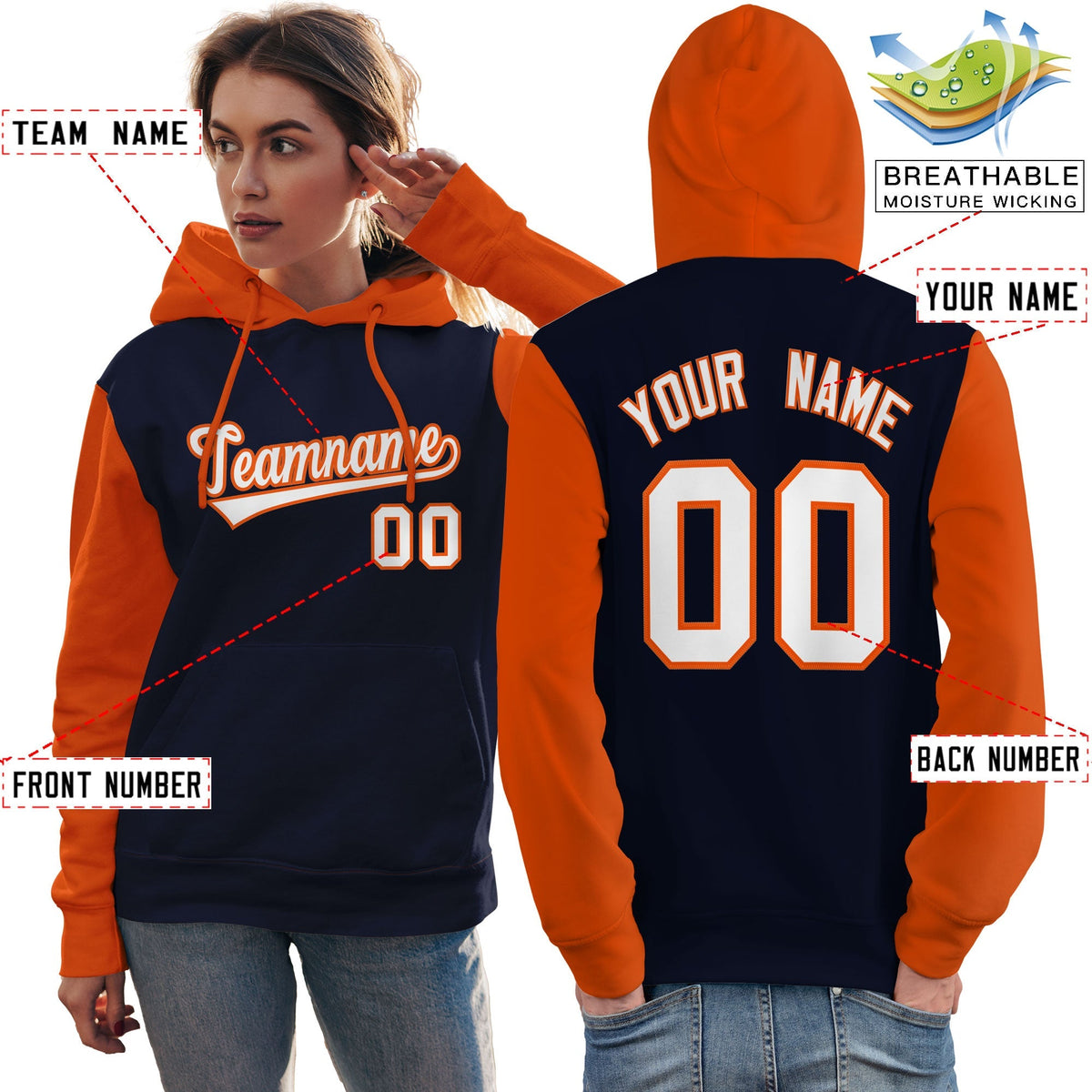 Custom Navy White-Orange Raglan Sleeves Pullover Personalized Team Sweatshirt Hoodie| KXKSHOP