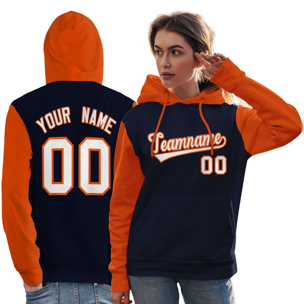 Custom Navy White-Orange Raglan Sleeves Pullover Personalized Team Sweatshirt Hoodie| KXKSHOP