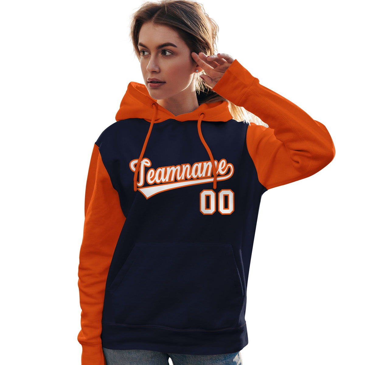Custom Navy White-Orange Raglan Sleeves Pullover Personalized Team Sweatshirt Hoodie| KXKSHOP