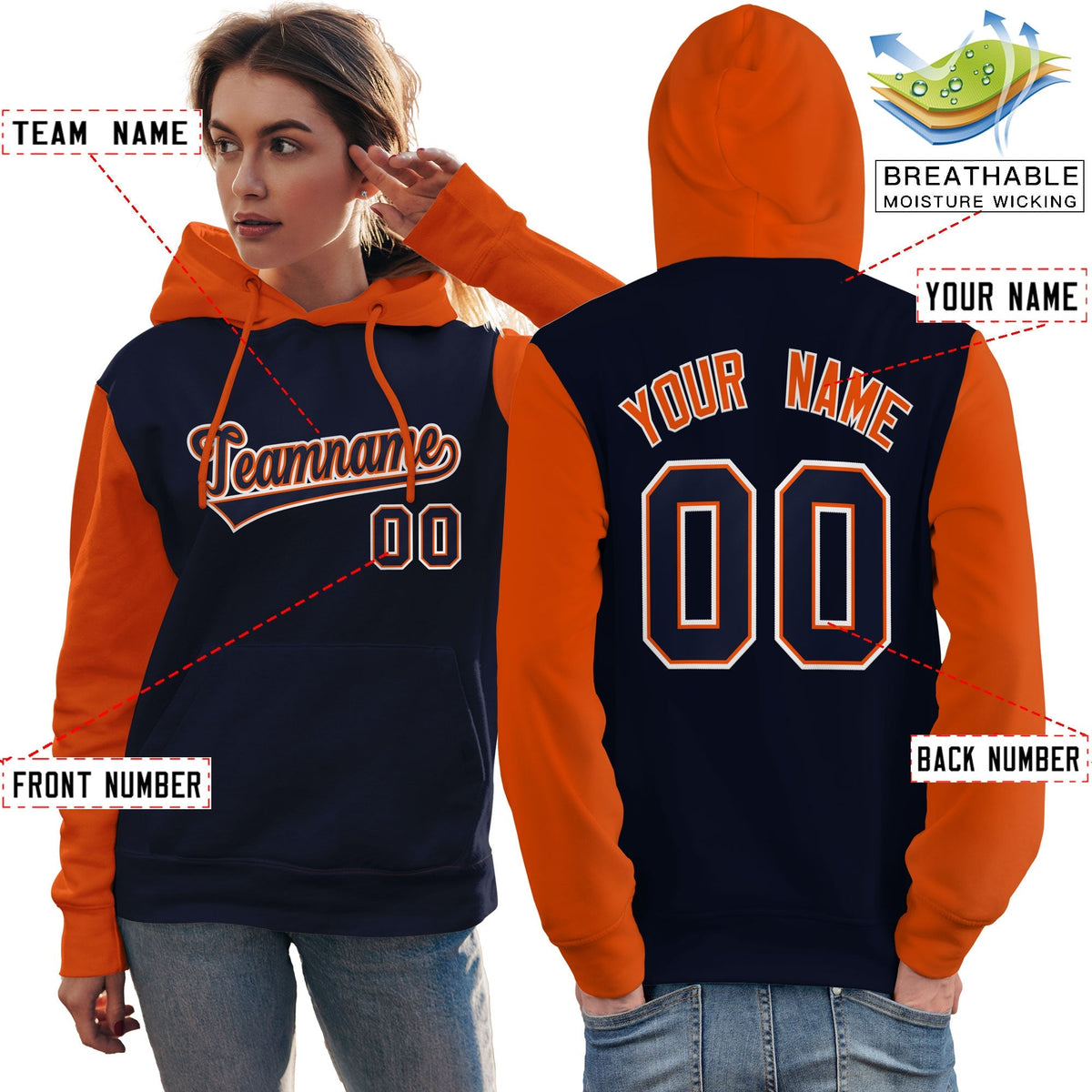 Custom Navy Orange-White Raglan Sleeves Pullover Personalized Team Sweatshirt Hoodie| KXKSHOP