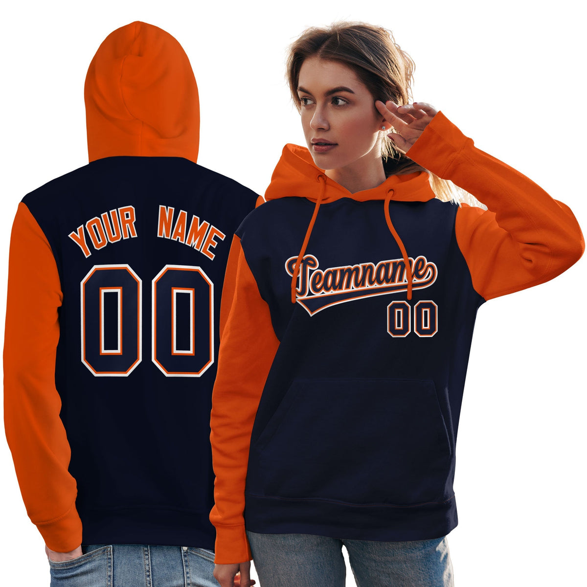 Custom Navy Orange-White Raglan Sleeves Pullover Personalized Team Sweatshirt Hoodie| KXKSHOP