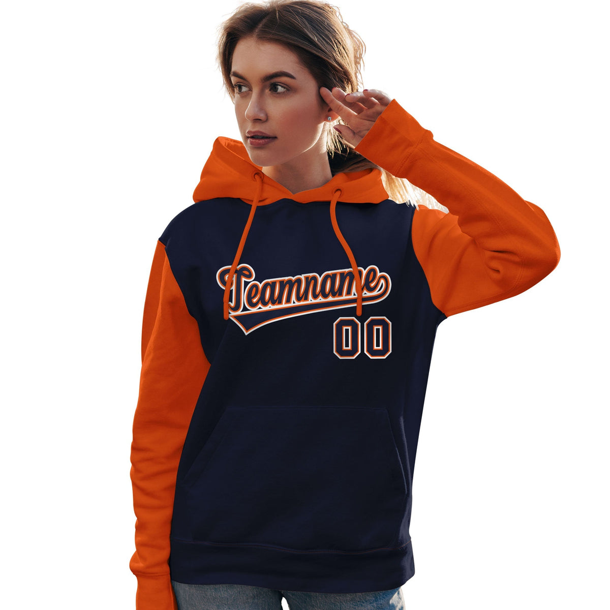 Custom Navy Orange-White Raglan Sleeves Pullover Personalized Team Sweatshirt Hoodie| KXKSHOP