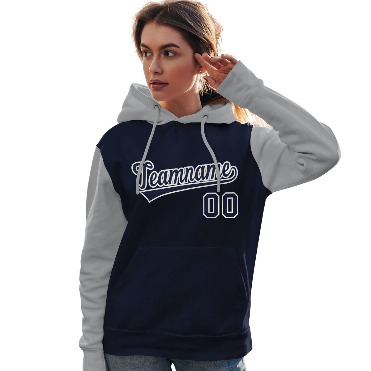 Custom Navy White-Gray Raglan Sleeves Pullover Personalized Team Sweatshirt Hoodie| KXKSHOP