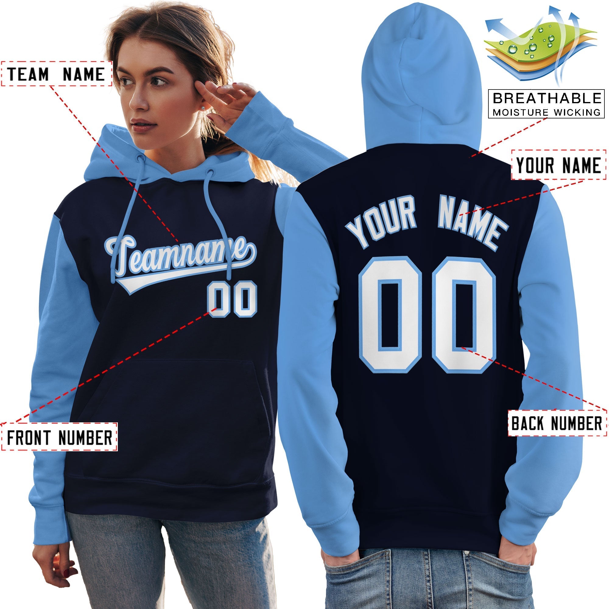 Custom Navy White-Light Blue Raglan Sleeves Pullover Personalized Team Sweatshirt Hoodie| KXKSHOP
