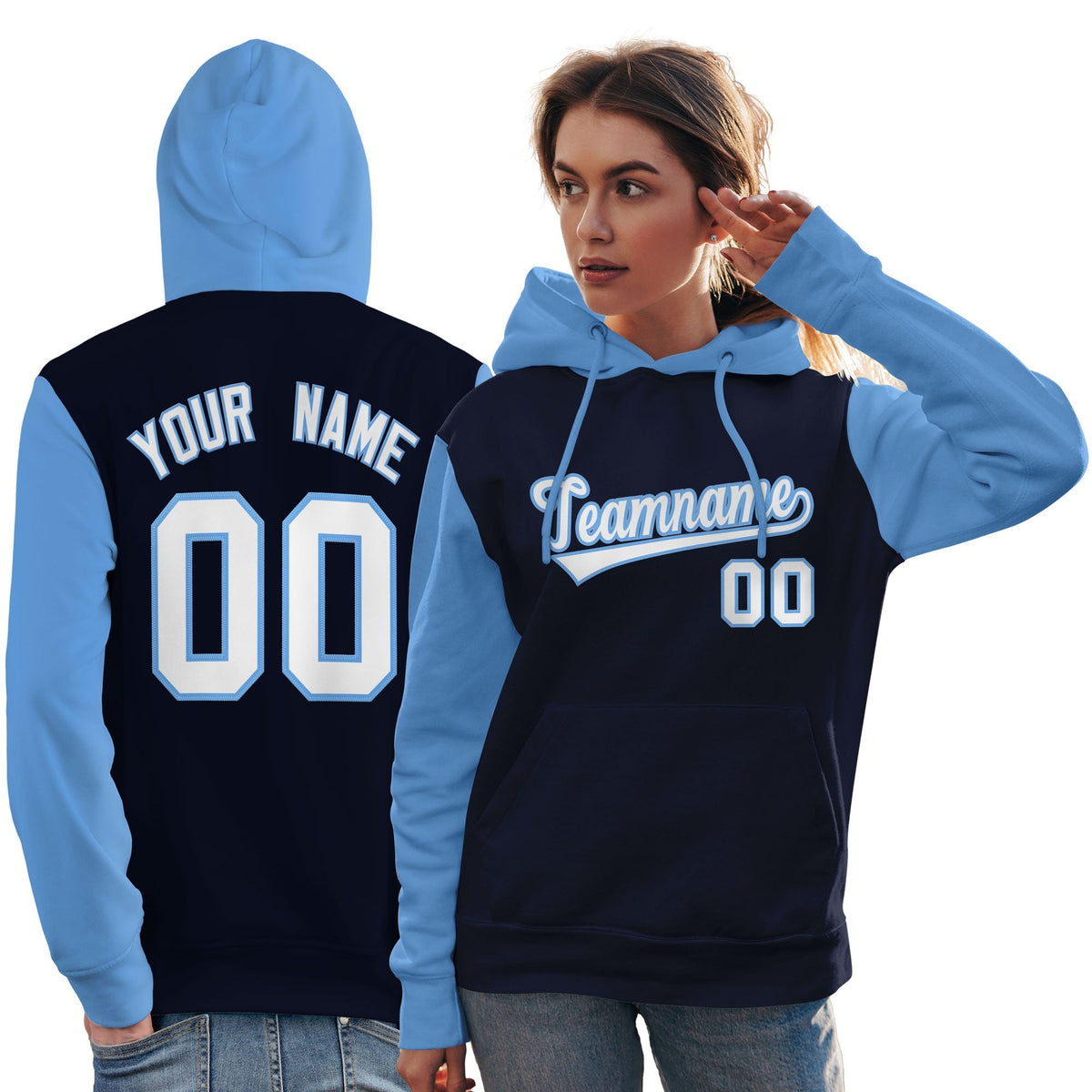 Custom Navy White-Light Blue Raglan Sleeves Pullover Personalized Team Sweatshirt Hoodie| KXKSHOP