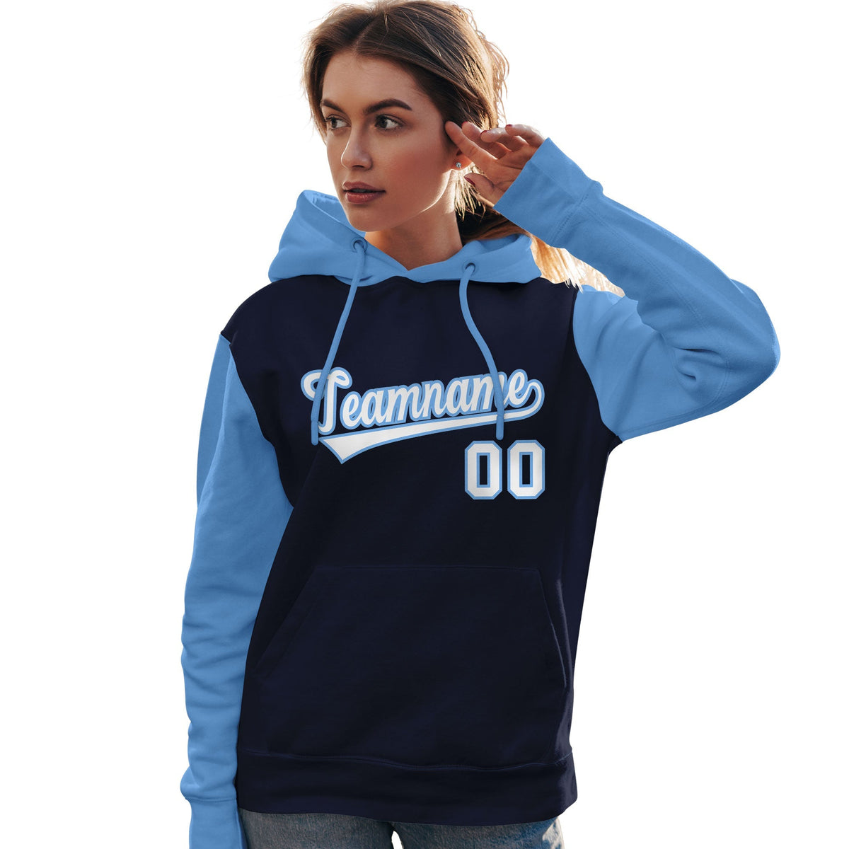 Custom Navy White-Light Blue Raglan Sleeves Pullover Personalized Team Sweatshirt Hoodie| KXKSHOP