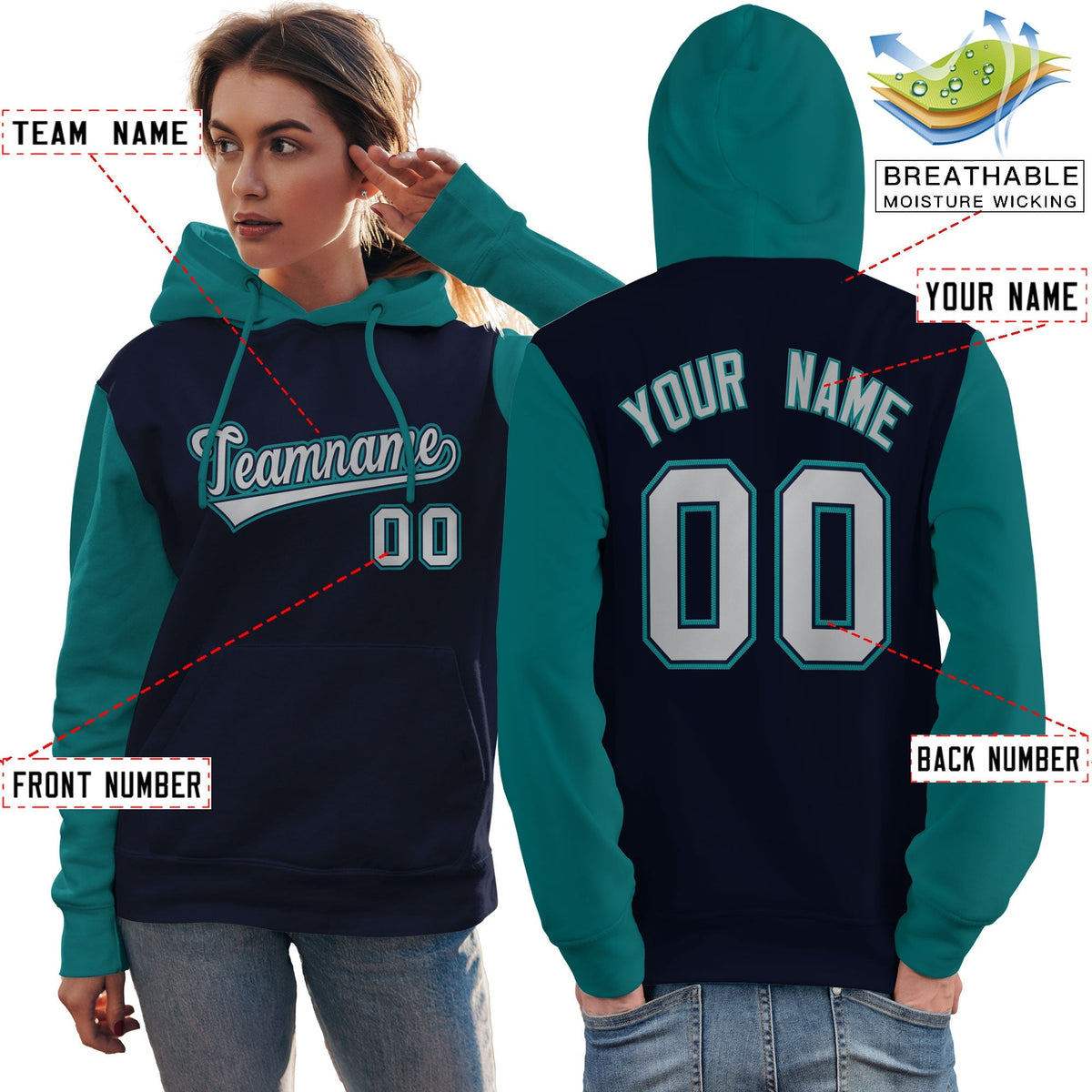 Custom Navy Gray-Aqua Raglan Sleeves Pullover Personalized Team Sweatshirt Hoodie| KXKSHOP