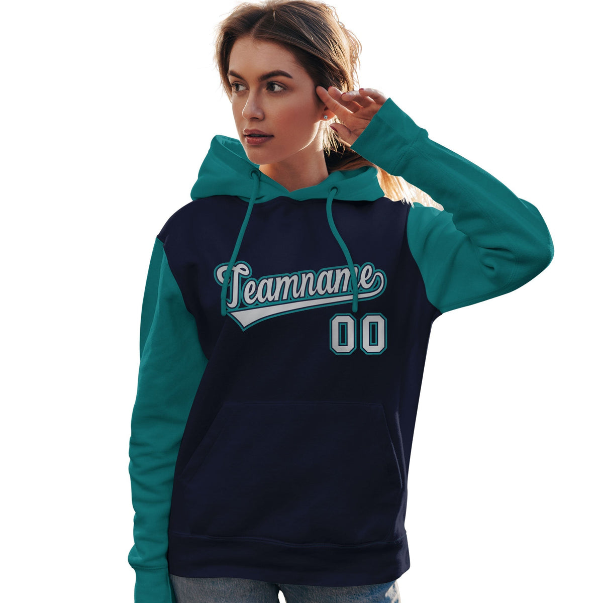 Custom Navy Gray-Aqua Raglan Sleeves Pullover Personalized Team Sweatshirt Hoodie| KXKSHOP