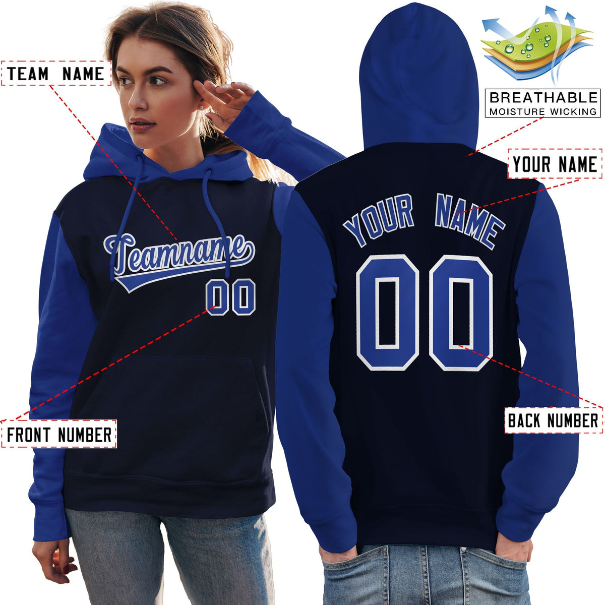 Custom Navy Royal-White Raglan Sleeves Pullover Personalized Team Sweatshirt Hoodie| KXKSHOP