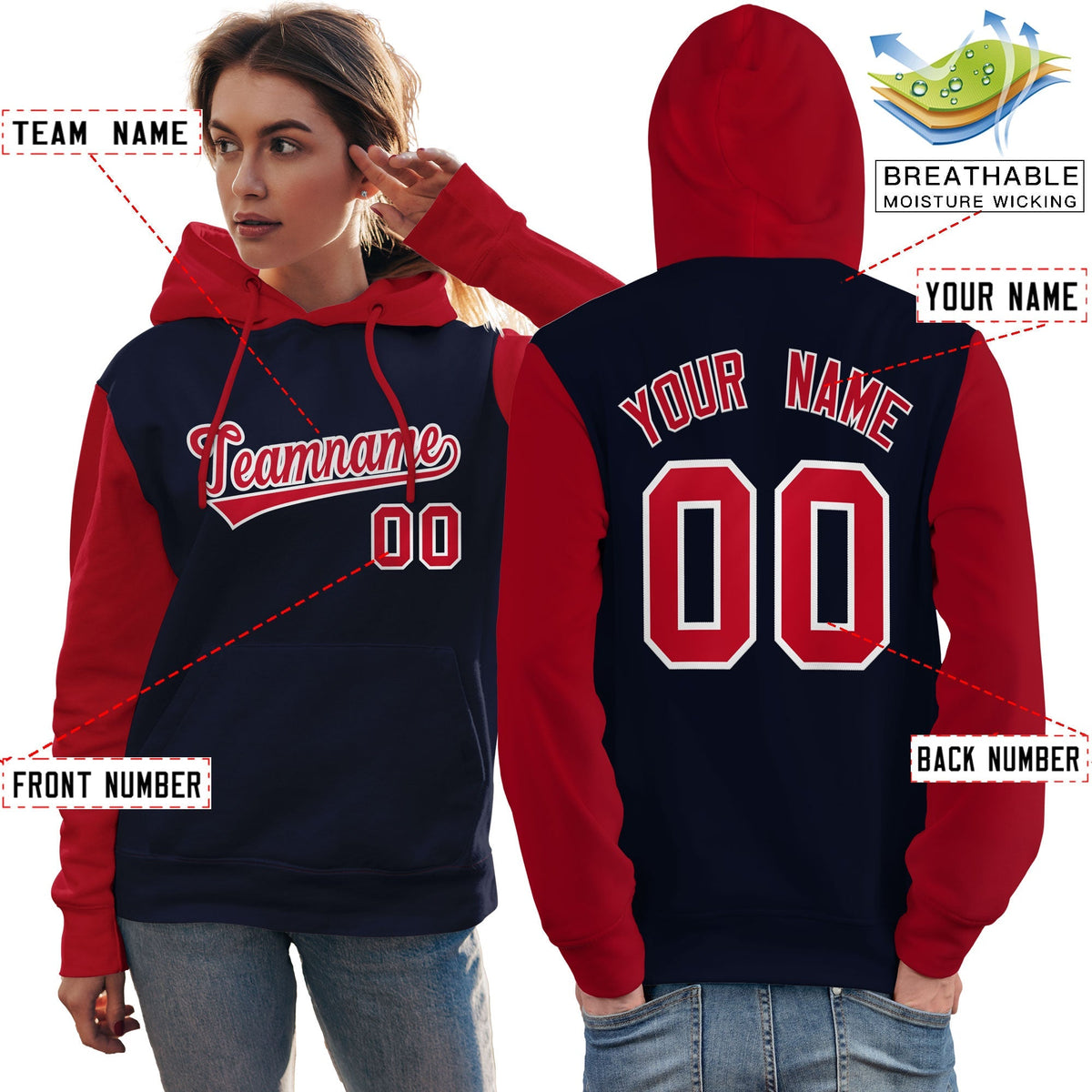Custom Navy Red-White Raglan Sleeves Pullover Personalized Team Sweatshirt Hoodie| KXKSHOP