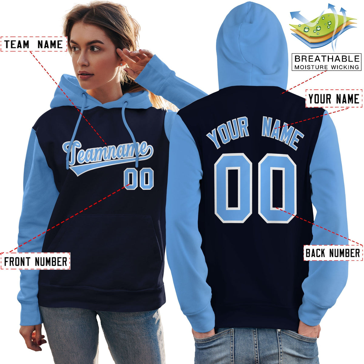 Custom Navy Light Blue-White Raglan Sleeves Pullover Personalized Team Sweatshirt Hoodie| KXKSHOP