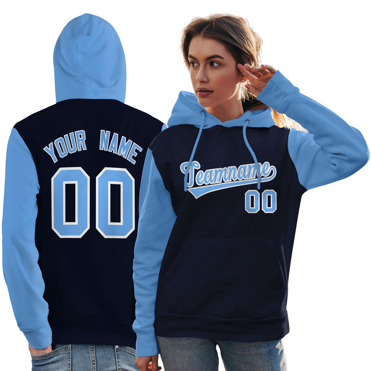 Custom Navy Light Blue-White Raglan Sleeves Pullover Personalized Team Sweatshirt Hoodie| KXKSHOP