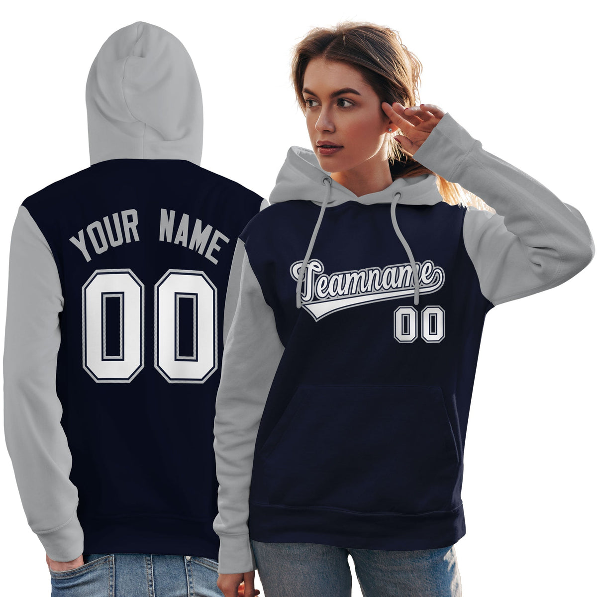 Custom Navy White-Gray Raglan Sleeves Pullover Personalized Team Sweatshirt Hoodie| KXKSHOP