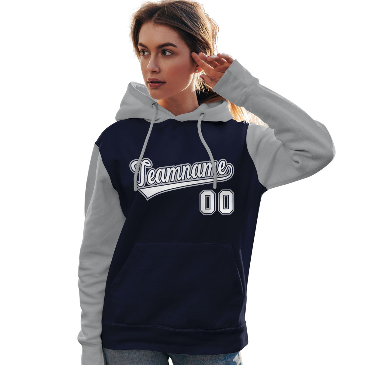 Custom Navy White-Gray Raglan Sleeves Pullover Personalized Team Sweatshirt Hoodie| KXKSHOP