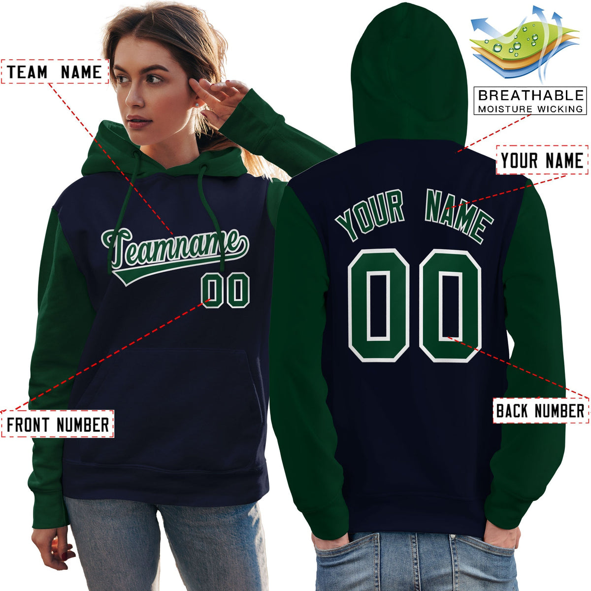 Custom Navy Green-White Raglan Sleeves Pullover Personalized Team Sweatshirt Hoodie| KXKSHOP