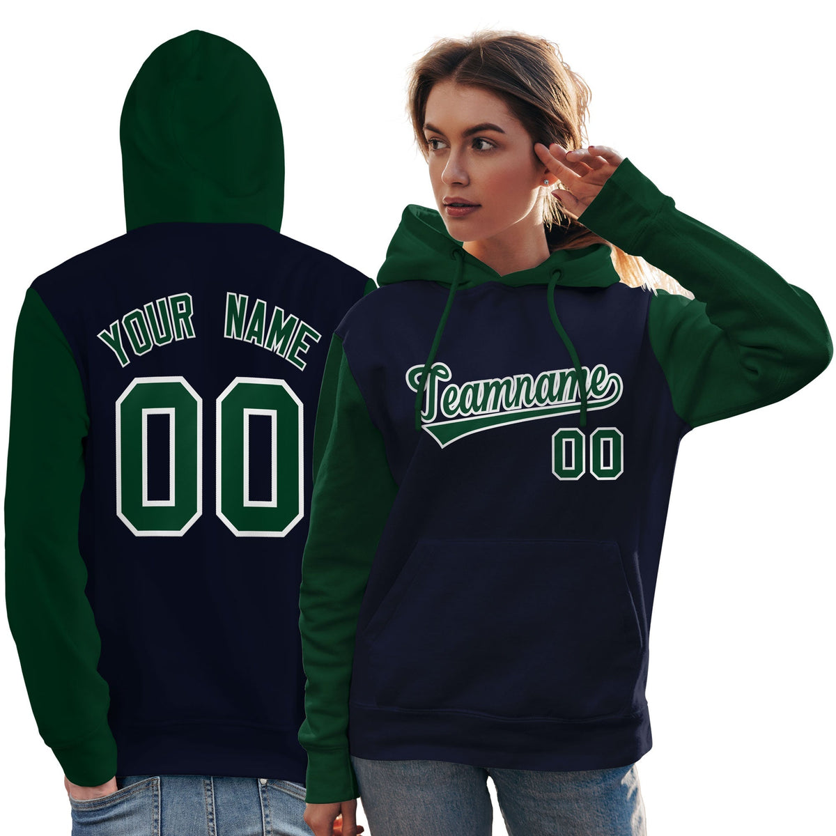 Custom Navy Green-White Raglan Sleeves Pullover Personalized Team Sweatshirt Hoodie| KXKSHOP