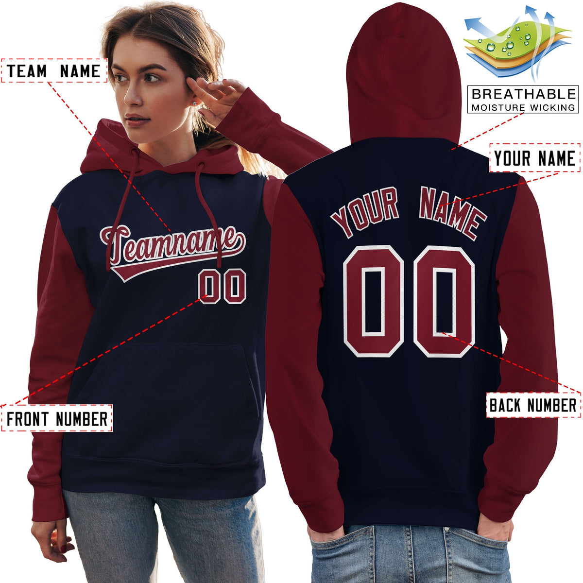 Custom Navy Crimson-White Raglan Sleeves Pullover Personalized Team Sweatshirt Hoodie| KXKSHOP