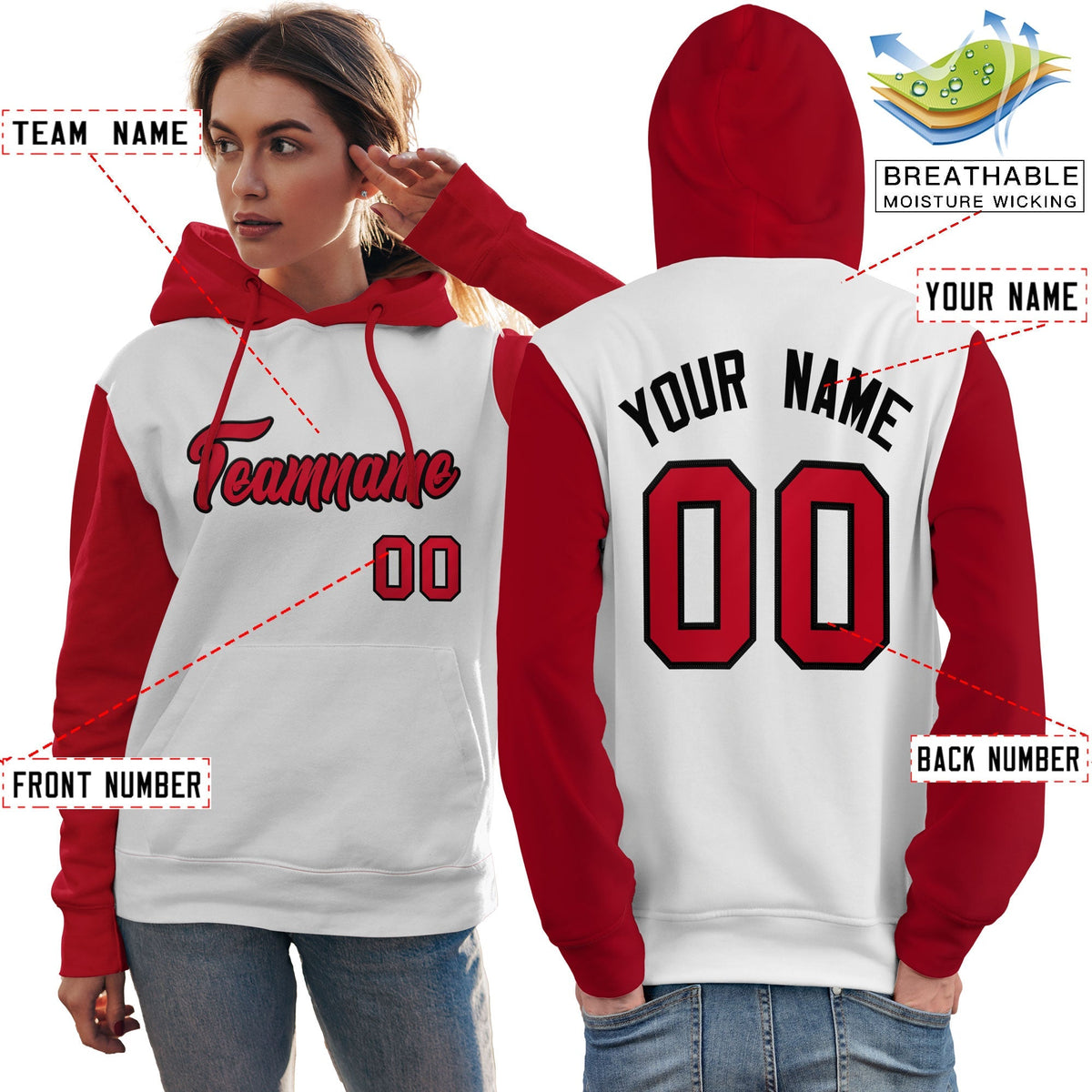 Custom White Red-Black Raglan Sleeves Pullover Personalized Team Sweatshirt Hoodie| KXKSHOP