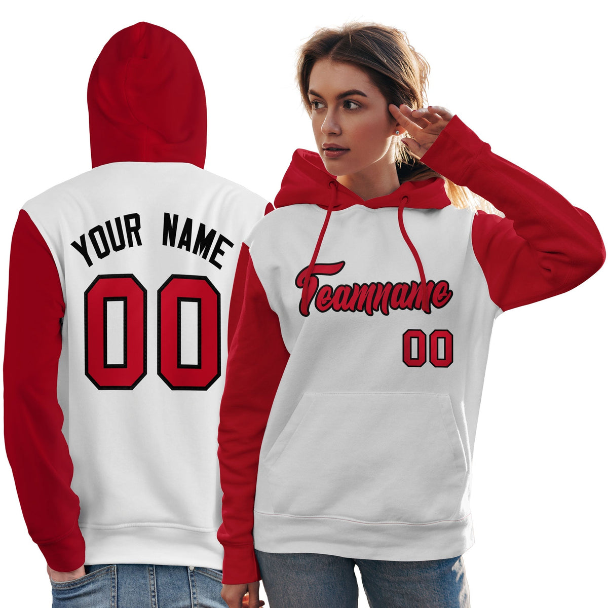 Custom White Red-Black Raglan Sleeves Pullover Personalized Team Sweatshirt Hoodie| KXKSHOP