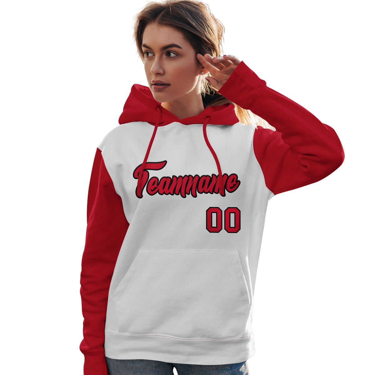Custom White Red-Black Raglan Sleeves Pullover Personalized Team Sweatshirt Hoodie| KXKSHOP