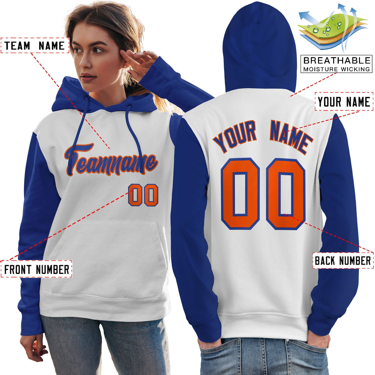 Custom White Royal-Orange Raglan Sleeves Pullover Personalized Team Sweatshirt Hoodie| KXKSHOP