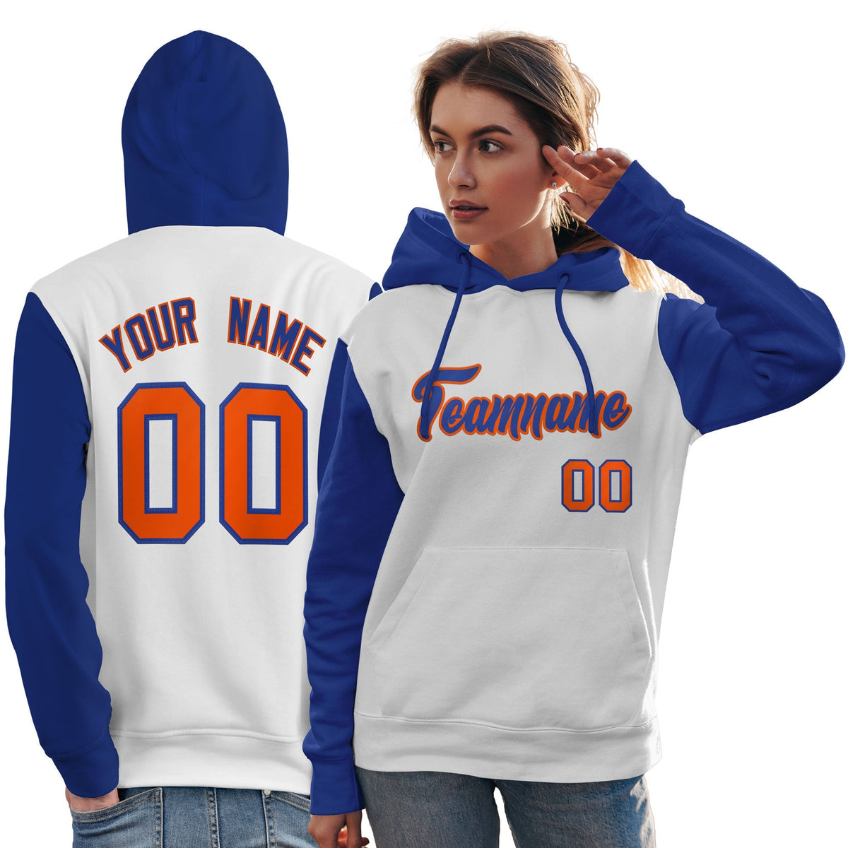 Custom White Royal-Orange Raglan Sleeves Pullover Personalized Team Sweatshirt Hoodie| KXKSHOP