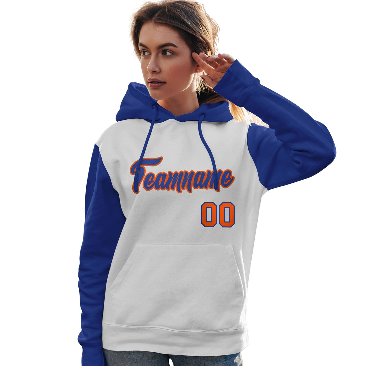 Custom White Royal-Orange Raglan Sleeves Pullover Personalized Team Sweatshirt Hoodie| KXKSHOP