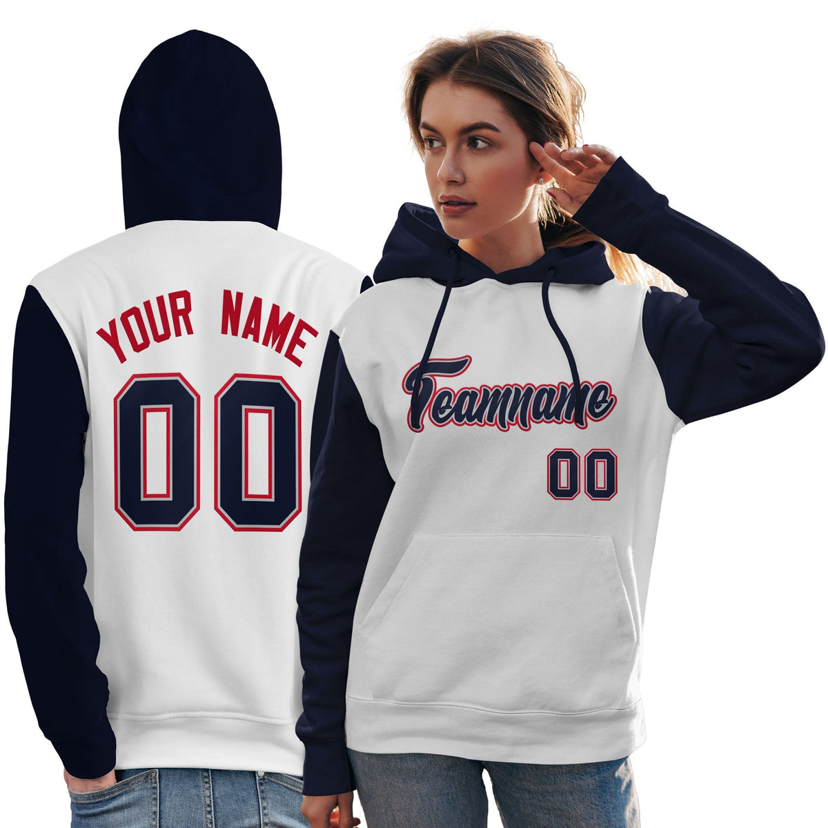 Custom White Navy-Red Raglan Sleeves Pullover Personalized Team Sweatshirt Hoodie| KXKSHOP