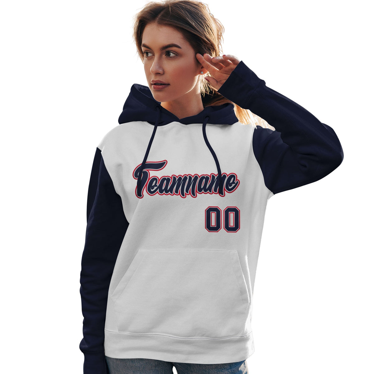 Custom White Navy-Red Raglan Sleeves Pullover Personalized Team Sweatshirt Hoodie| KXKSHOP