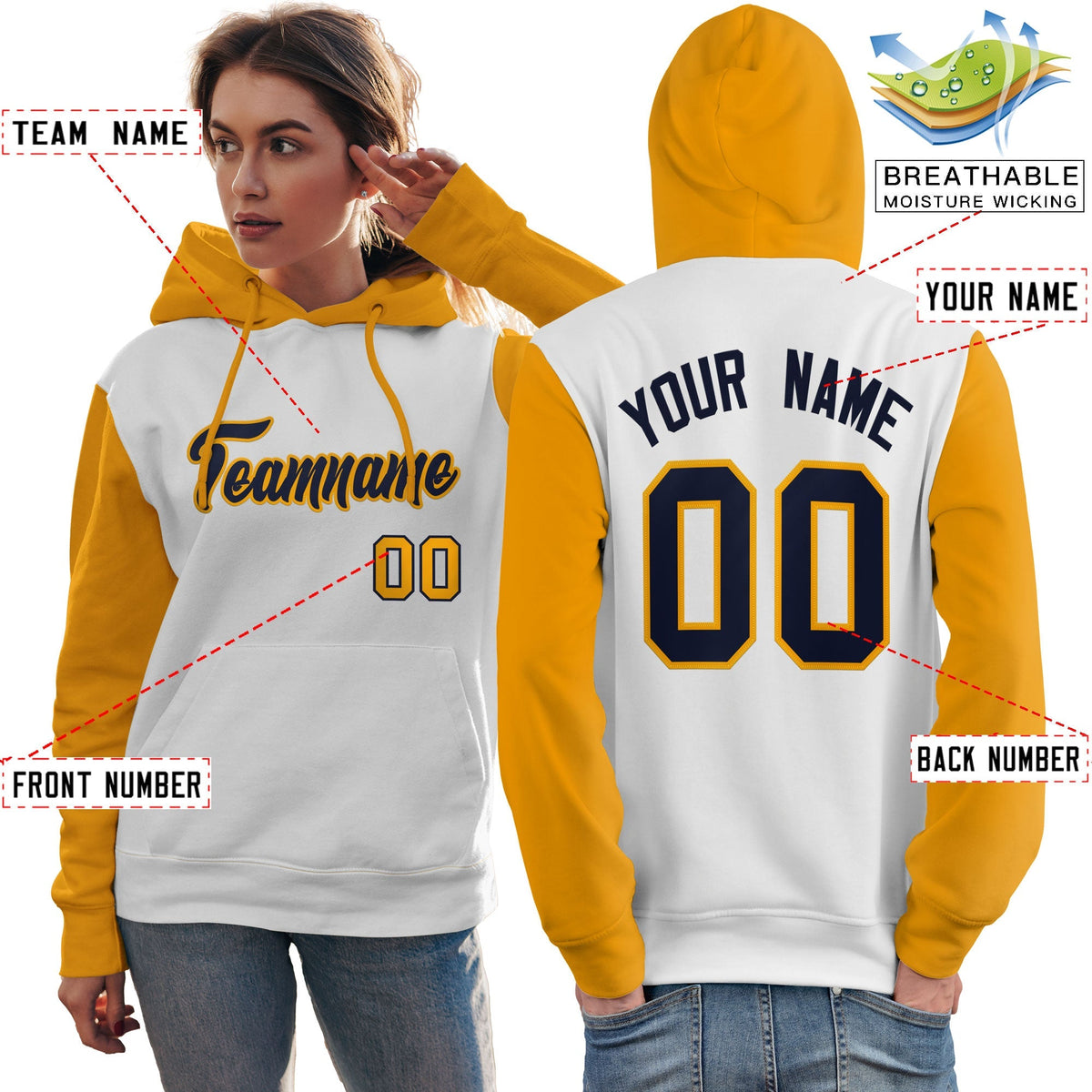 Custom White Navy-Gold Raglan Sleeves Pullover Personalized Team Sweatshirt Hoodie| KXKSHOP