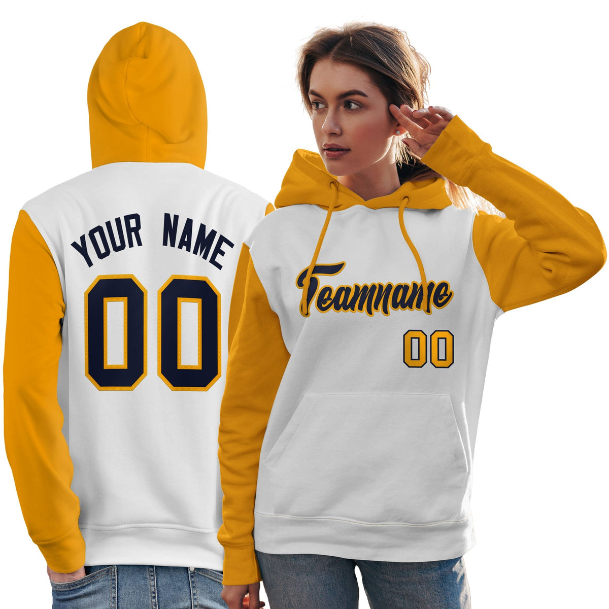 Custom White Navy-Gold Raglan Sleeves Pullover Personalized Team Sweatshirt Hoodie| KXKSHOP