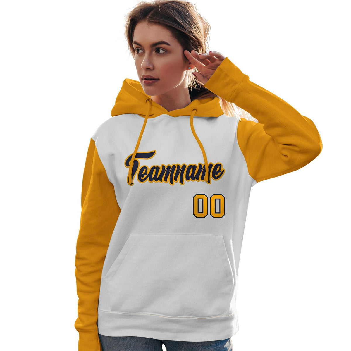 Custom White Navy-Gold Raglan Sleeves Pullover Personalized Team Sweatshirt Hoodie| KXKSHOP
