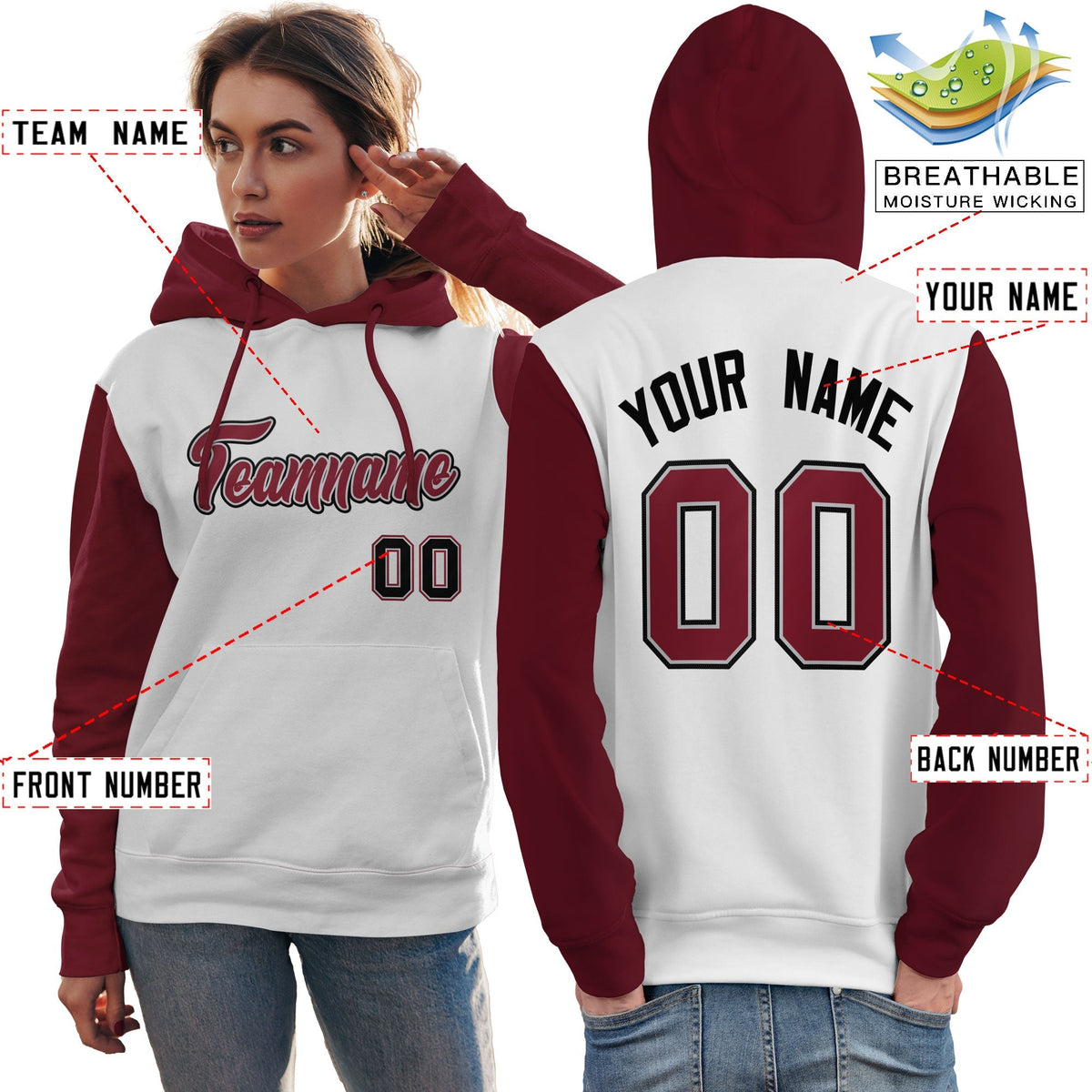 Custom White Crimson-Black Raglan Sleeves Pullover Personalized Team Sweatshirt Hoodie| KXKSHOP