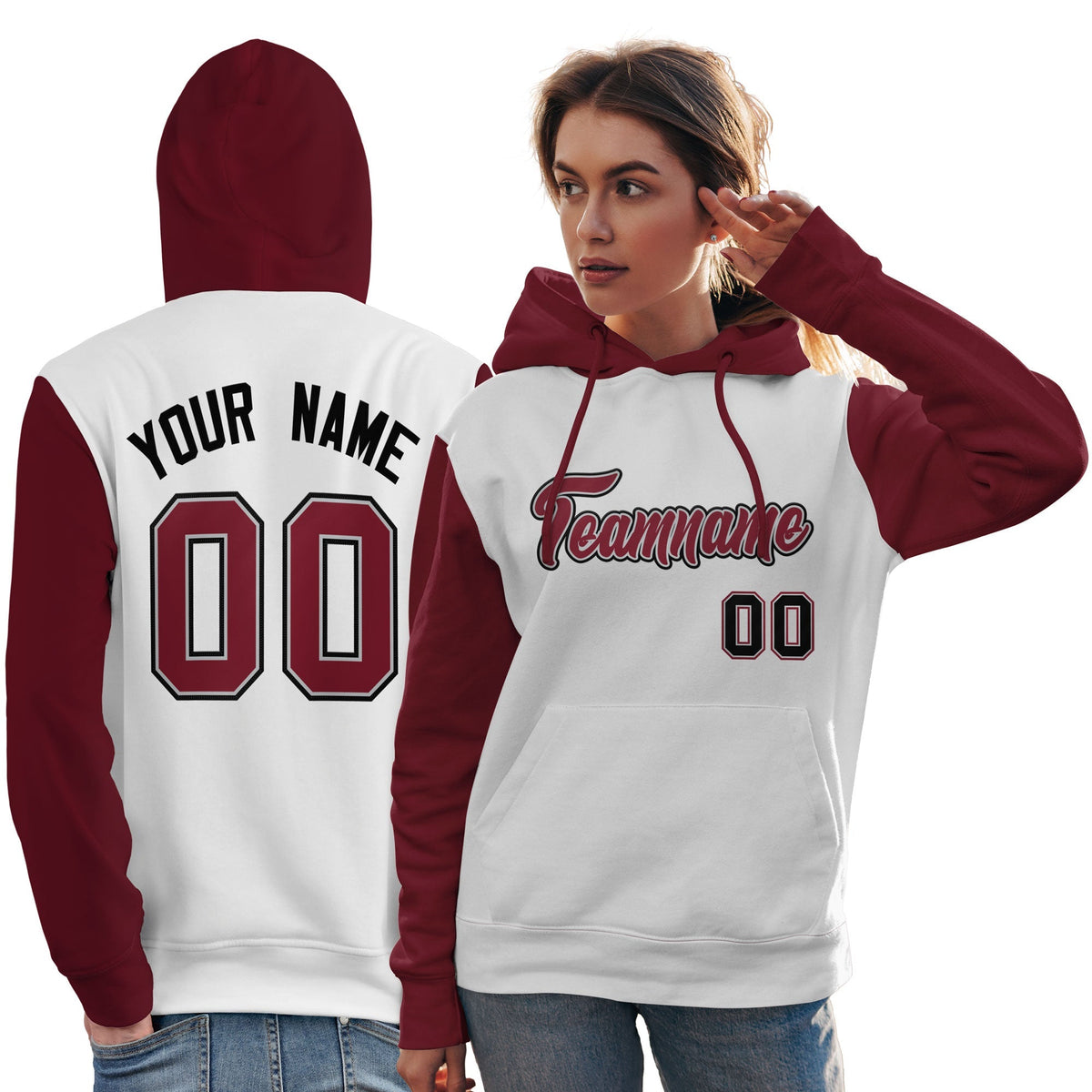 Custom White Crimson-Black Raglan Sleeves Pullover Personalized Team Sweatshirt Hoodie| KXKSHOP