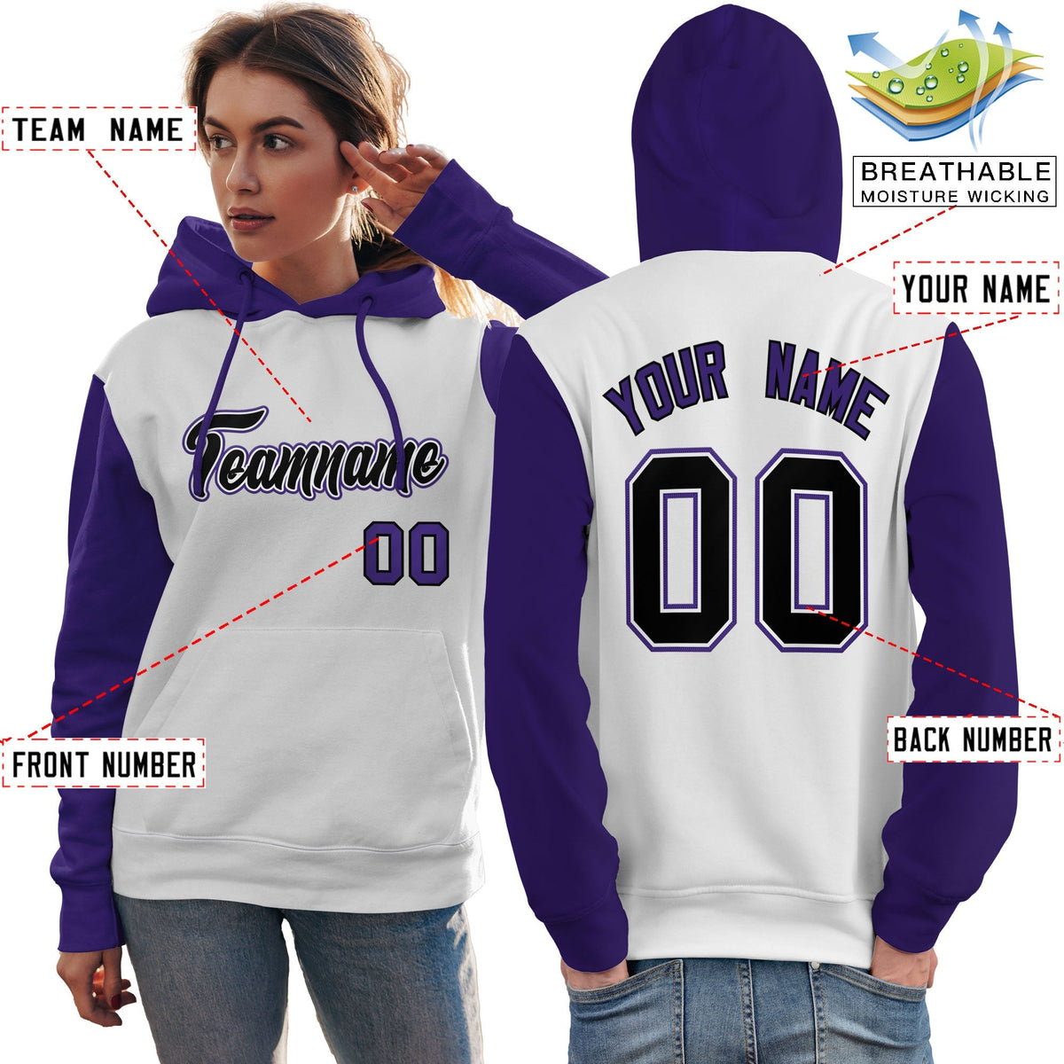 Custom White Black-Purple Raglan Sleeves Pullover Personalized Team Sweatshirt Hoodie| KXKSHOP