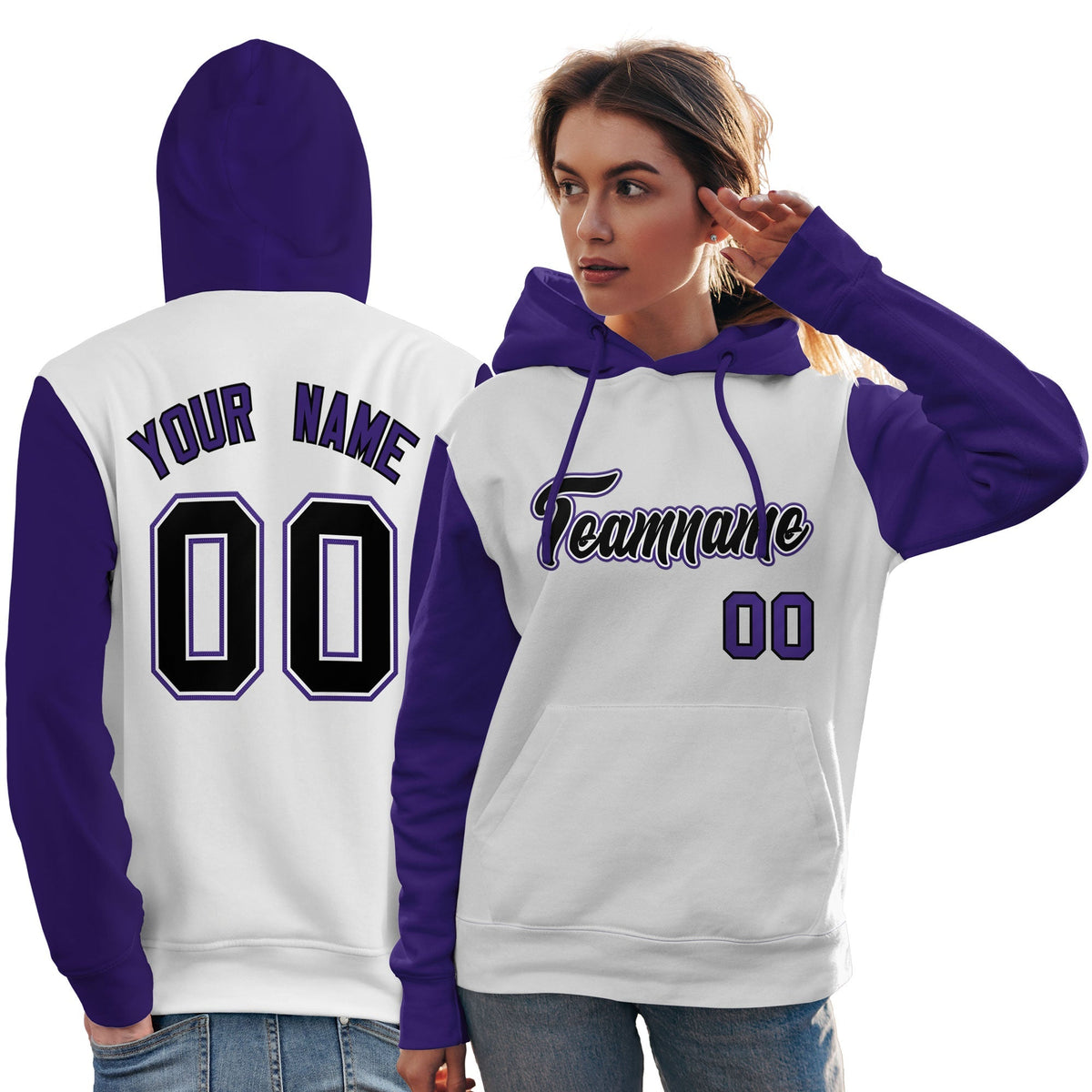 Custom White Black-Purple Raglan Sleeves Pullover Personalized Team Sweatshirt Hoodie| KXKSHOP