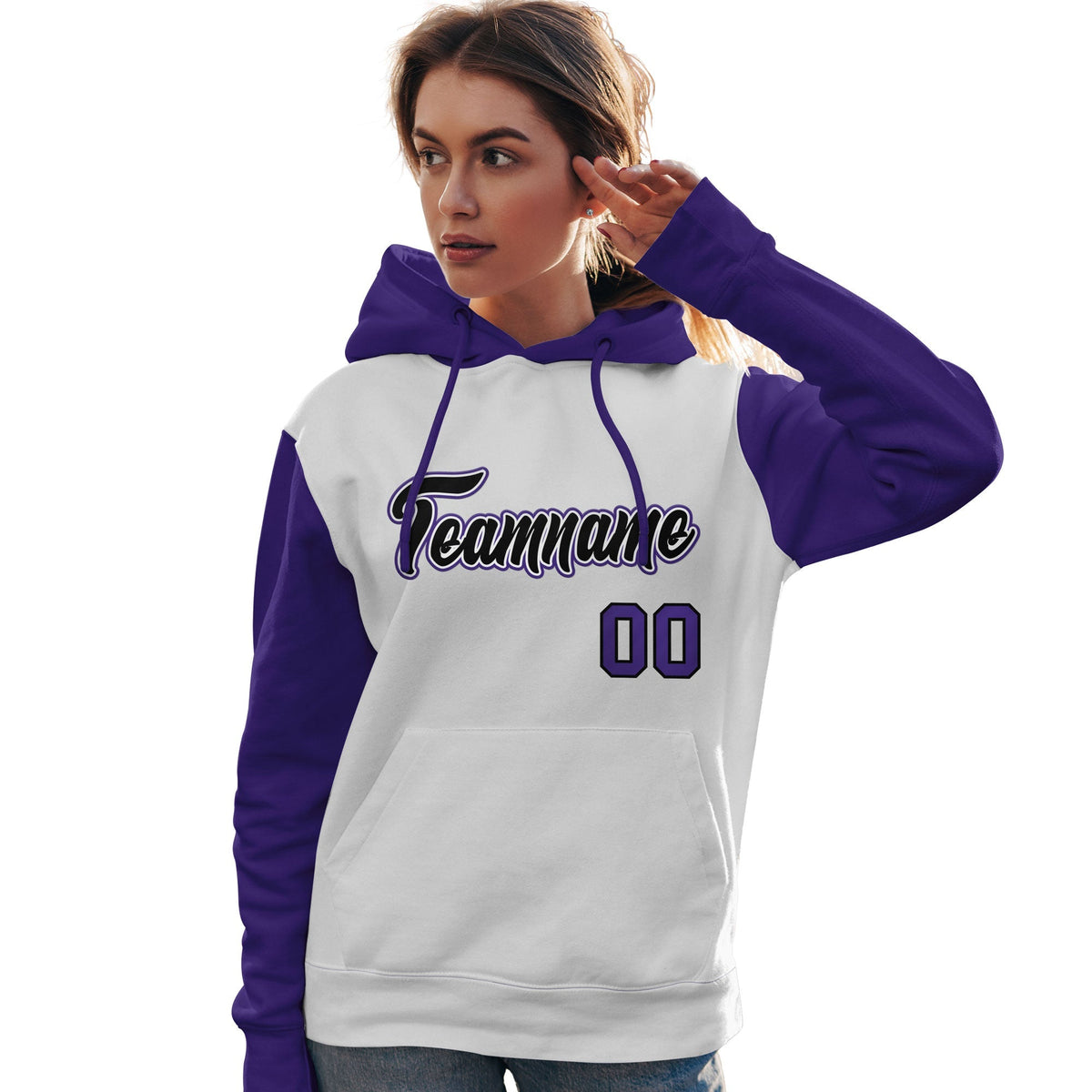 Custom White Black-Purple Raglan Sleeves Pullover Personalized Team Sweatshirt Hoodie| KXKSHOP