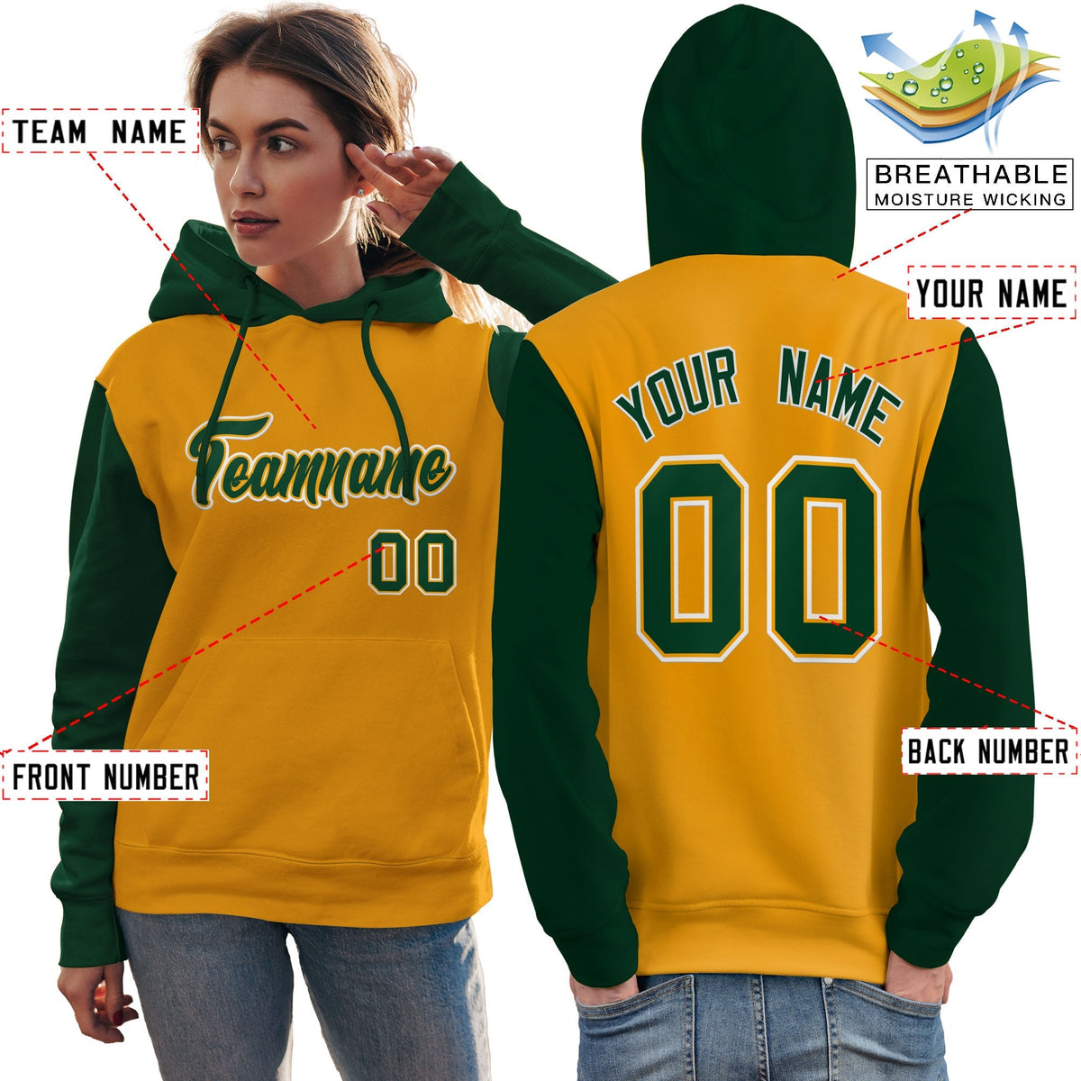 Custom Gold Green-White Raglan Sleeves Pullover Personalized Team Sweatshirt Hoodie| KXKSHOP